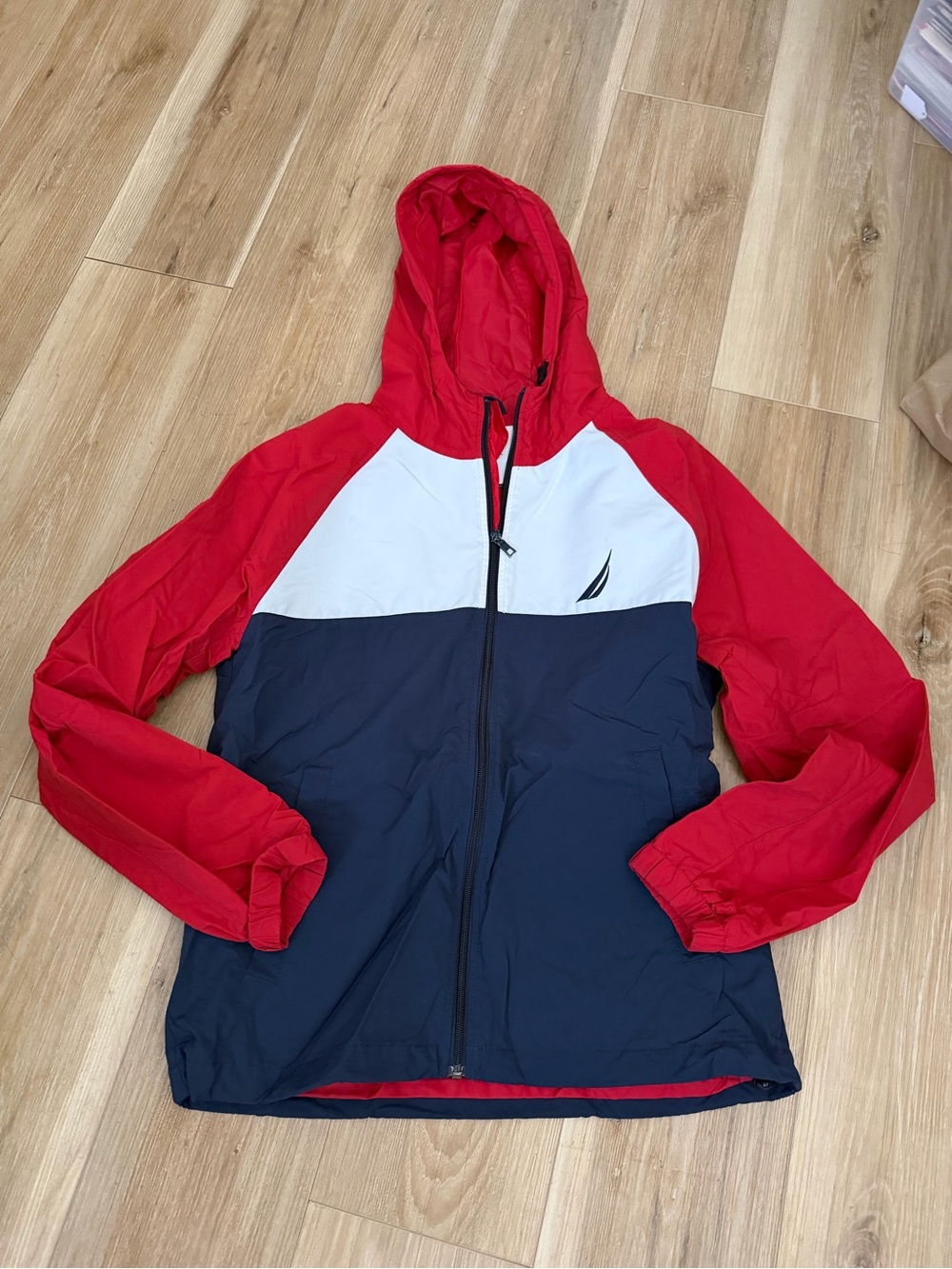 Nautica Red White Navy Colorblock Hooded Windbreaker Jacket